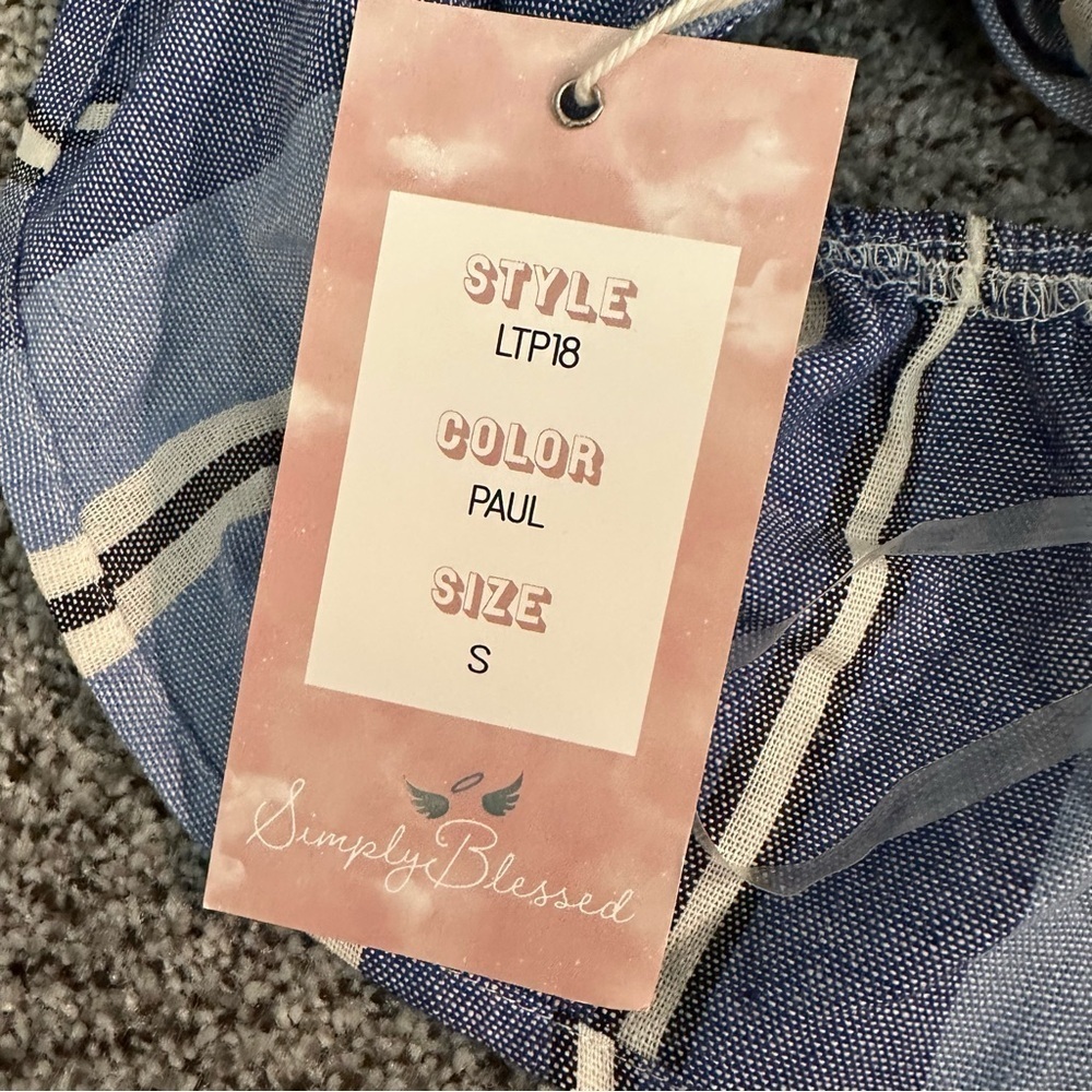 SIMPLY BLESSED S Denim Linen Cropped Striped Smocked Top Bow Tie Front R $65 NWT - Picture 11 of 13